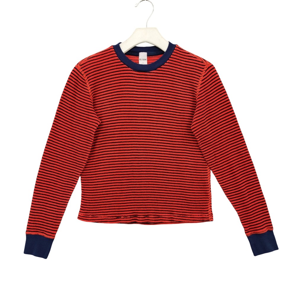 RE/DONE Womens Grunge Indie Sleaze Thermal Waffle Knit Top S Red Navy Striped
